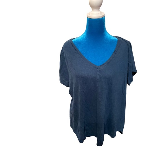 Tahari basic high low blue top sz 1x v neck drop 100% linen cap sleeve loose - Picture 8 of 8